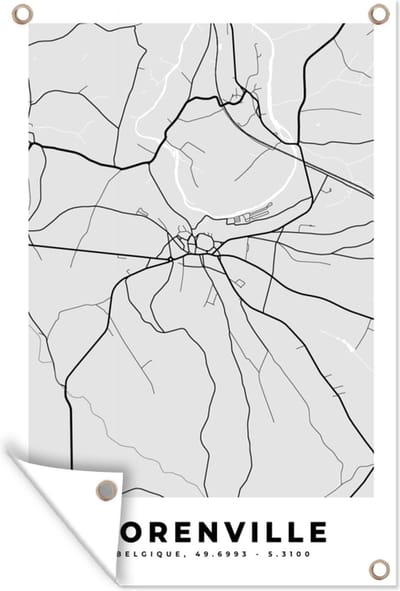 Muurdecoratie Kaart – Plattegrond – Stadskaart – Florenville – België – Zwart Wit - 120x180 cm - Tuinposter - Tuindoek