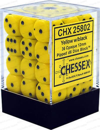 Chessex Opaque Geel/Zwart D6 12mm Dobbelsteen Set (36 stuks)