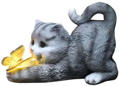 GELLDG Kattenbeeldje - Tuinlamp op zonne-energie - Vlinderdecoratie - Lamp op zonne-energie van hars - Geschikt voor balkons, tuindecoraties en terrassen - Grijs