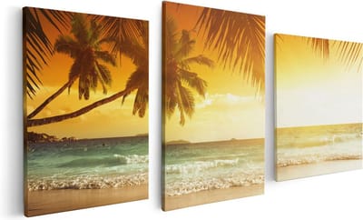 Artaza Canvas Schilderij Drieluik Tropisch Strand Tijdens Zonsondergang  - 120x60 - Foto Op Canvas - Canvas Print