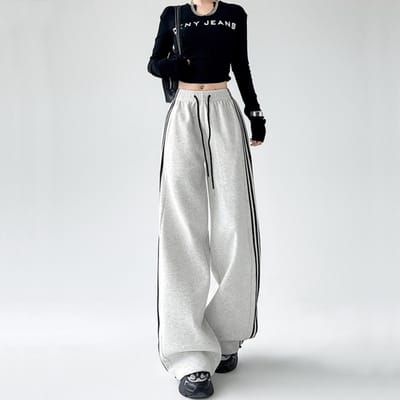 Los en Dun, Drapé Wijde Pijpen Broek, Lente en Herfst Nieuwe Sweatpants met Trekkoord Twee-draags M