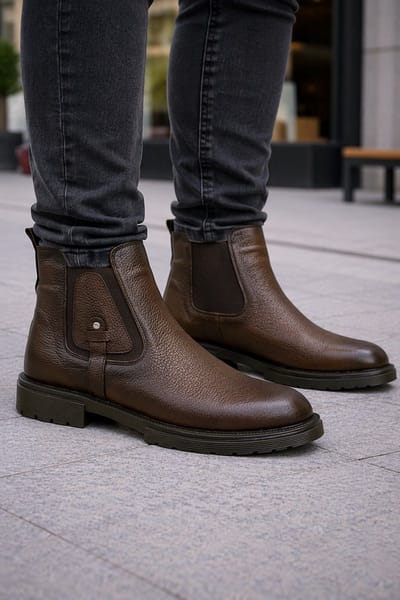 Heren schoenen- Leren Chelsea Boots- Comfortabele Leren Enkelboots met Elastiek- Stijlvolle Herenschoenen- Mannen laarzen 1006- Bruin- Maat 42