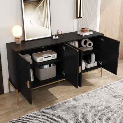 DESMIU Dressoir - Geometrisch Design Met 4 Deuren En Grote Opbergruimte - Voor Woonkamer Eetkamer En Hal - MDF En Spaanplaat - 162x40x80 Cm - Zwart