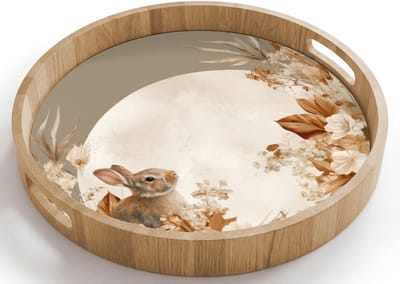 Dienblad rond 40x40 cm - Schootdienblad hout - Konijn - Bruin - Bloemen - Cirkel - Borrelplank rechthoek - Plateau houten dienbladen