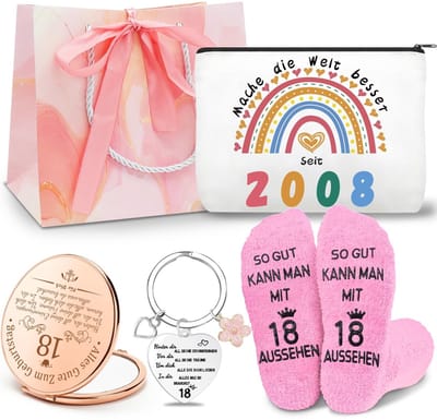 Dailygoods- Verjaardagscadeau 18e verjaardag - Cadeauset Vrouwen - Make-uptas van Zeildoek - Sleutelhanger Roestvrij Staal - Draagbare Make-upspiegel - Roze Sokken