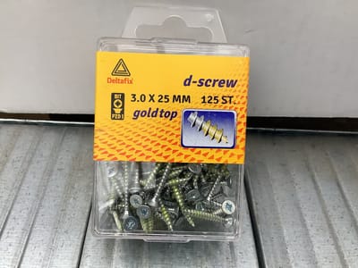 Hardhoutschroef. 3.0 x 25mm. lang. Platkop-Kruiskop-PZD-2. met Smeerfilm. Verzinkt. 125 stuks Spaanplaatschroef. Deltafix. D-Screw-Gold-Top.