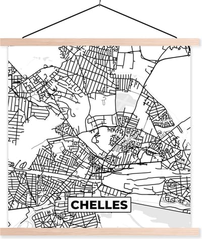 Posterhanger incl. Poster 40x40 cm - Schoolplaat - Frankrijk - Plattegrond - Chelles - Stadskaart - Kaart - Zwart wit - Textielposter - Blanke latten - Stadskaart