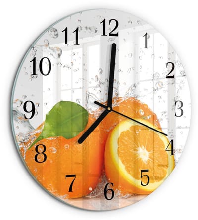 Tulup Wandklok - sinaasappels Moderne Glazen Wandklok - 30fi cm - Oranje Wandklok Glas Met Motief - Zwarte Handen - Ronde Wandklok - Gekleurde Glazen Klok - Glazen Klok Met Print