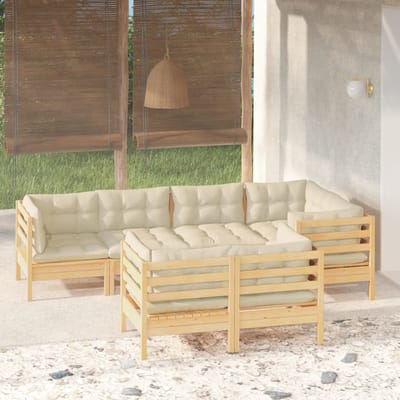vidaXL - 7-delige - Loungeset - met - crèmekleurige - kussens - grenenhout