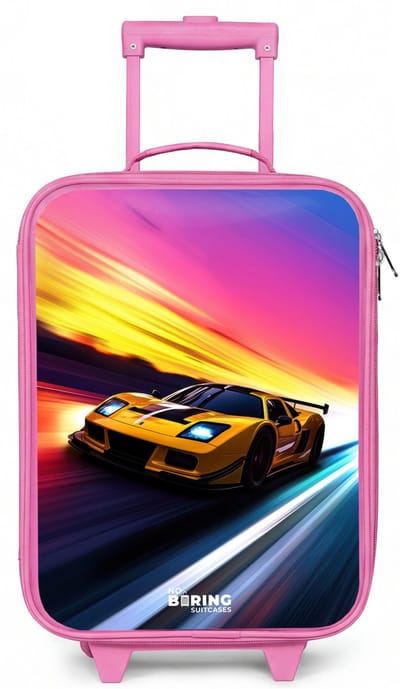 NoBoringSuitcases.com® - Kinderkoffer roze - Kindertrolley meisje - Gele raceauto bij kleurrijke zonsondergang - Koffer kind lichtgewicht - Reiskoffer trolley voor kinderen - Koffertje met lichtgevende wieltjes - Rolkoffer