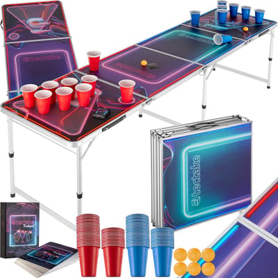 tectake® Beerpong Tafel - Met Feestdecoratie - LED-verlichting - Bierpong Tafel in Hoogte Verstelbaar en Inklapbaar - Drankspel met Accessoires - 100x Plastic Bekers, 6x pingpongballen, Kaartspel met Kaarten