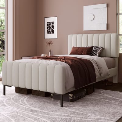 MEUNIQ gestoffeerd eenpersoons bed 90 x 200 cm met lattenbodem en verstelbaar hoofdbord, bedframe voor slaapkamer of logeerkamer, grijs-beige
