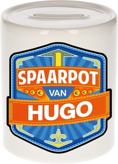 Bellatio Decorations Kinder spaarpot met naam - Hugo - keramiek - met dop - wit - Sparen - Spaargeld van Hugo