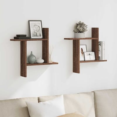 vidaXL - Wandschappen - 2 - st - 50x12x50 - cm - bewerkt - hout - bruin - eikenkleurig