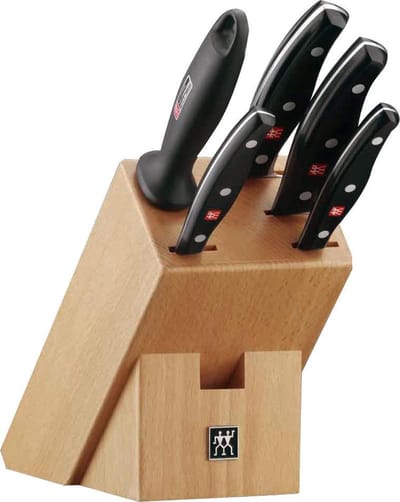 Zwilling Pollux Messenset- 4 Messen - Aanzetstaal - Beukenhout Messenblok - 6-delig