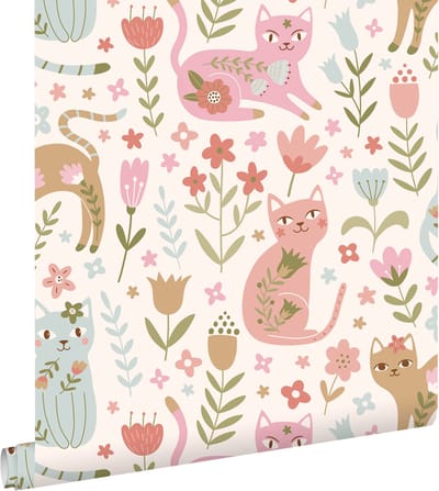 ESTAhome behang katjes roze, blauw, paars en groen - 50 x 900 cm - 132180