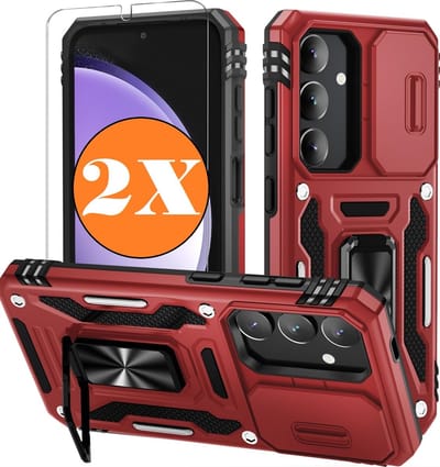 Hoesje Geschikt voor Samsung Galaxy S25 / S24 hoesje backcover Rood met Met Draaibare Ring Houder en camera bescherming - Galaxy S25 / S24 Screenprotector - 2 stuks
