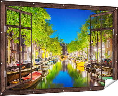 Gards Tuinposter Doorkijk Amsterdamse Gracht in de Nacht - 180x120 cm - Tuindoek - Tuindecoratie - Wanddecoratie buiten - Tuinschilderij