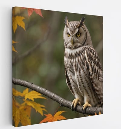 Saammp Canvas Schilderij - Uil op tak in de herfst - Natuur - Dieren - 20x20 - Foto op canvas - Wanddecoratie - Muurdecoratie Woonkamer - Slaapkamer decoratie - Canvas Print