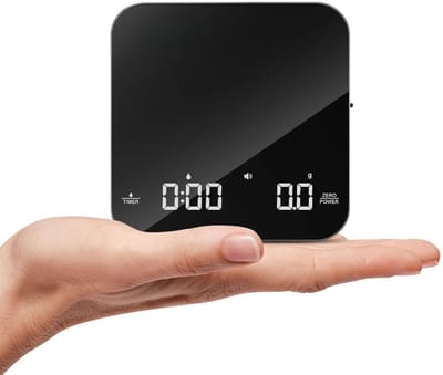 KAD® Precisie Weegschaal - Digitale Koffie Weegschaal met Timer - Nauwkeurige Keuken Weegschaal - Zwart en Zilver - 11cm x 11cm x 2cm