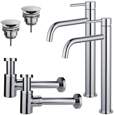 FugaFlow Eccelente Sobrado Badkamer Slim Wastafelkraanset - voor dubbele wastafel - verhoogde wastafelkraan - always open plug - verlaagde design sifon - Chroom