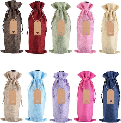 Set van 10 Jute Wijn Geschenkzakken met Trekkoord voor Feestdagen, Bruiloften en Verjaardagen - Multikleurige Cadeauzakken voor Wijnflessen