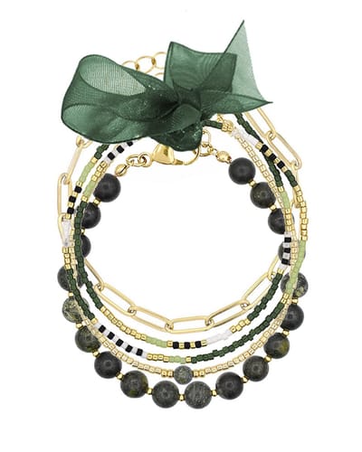 Mint15 Armbandenset 'Dark Green' - Handgemaakte armbanden donkergroen / goudkleur - Stainless Steel RVS/Roestvrij staal - Samengestelde cadeauset met 4 armbanden