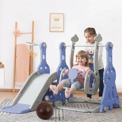 Eszenzics™ 4-in-1 Speeltoestel "Billy" - Glijbaan, Schommel, Ladder, Basketbalring - Model DM01 - Veilig en solide - Blauw/Grijs - 1 tot 6 jaar