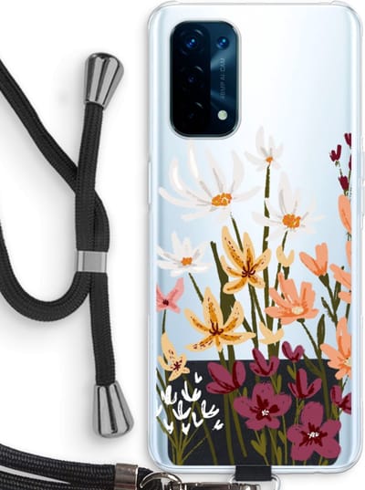 Case Company® - Hoesje met koord geschikt voor Oppo A74 5G hoesje met Koord - Painted wildflowers - Telefoonhoesje met Zwart Koord - Bescherming aan alle Kanten en Over de Schermrand