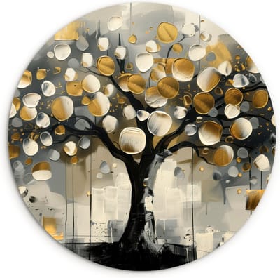 WallCircle® Wandcirkel 120x120 cm - Muurcirkel Boom - Abstract - Beige - Goud - Zwart - Luxe - Modern - Muurdecoratie woonkamer - Wanddecoratie slaapkamer - Kamer decoratie accessoires - Ronde schilderijen - Woonaccessoires cirkel binnen