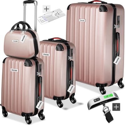 tectake® 4-delige Kofferset - Reiskoffer Set Inclusief Bagage Weegschaal en Label - 360° wielen - ABS Harde Schaal - Koffer met TSA-Cijferslot - Stapelbaar - Trolley Handbagage - Ruimbagage - 95L, 64L, 39L Koffers en 11L Beautycase - Rosegoud