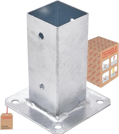 TRIBECCO Base sleeve with anchor plate for square wooden posts 61 x 61 mm height 150 mm feuergalvanised steel Screw sleeve as anchoring for carports fences gate posts palisades