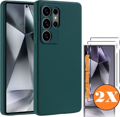 Hoesje geschikt voor Samsung Galaxy S25 Ultra Hoesje siliconen Donker Groen zacht TPU backcover - Met gehard glas screenprotector Galaxy S25 Ultra - 2 stuks