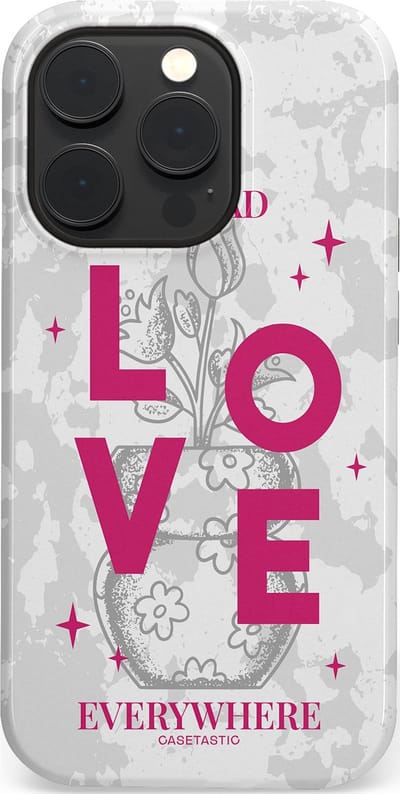Casetastic hoesje geschikt voor Apple iPhone 14 Pro - MagSafe - Dubbellaagse bescherming - Spread Love Everywhere - Grijs Roze - Valentijn - Valentine - Fashion Case - Lichtgrijs Wit Roze