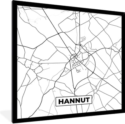 Fotolijst incl. Poster Zwart Wit- Stadskaart – Plattegrond – België – Zwart Wit – Hannut – Kaart - 40x40 cm - Posterlijst