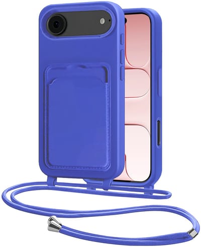 Hoes Geschikt voor iPhone Air Hoesje Pasjeshouder Cover Met Koord Case Siliconen Hoes Met Telefoonkoord en Kaarthouder - Felblauw