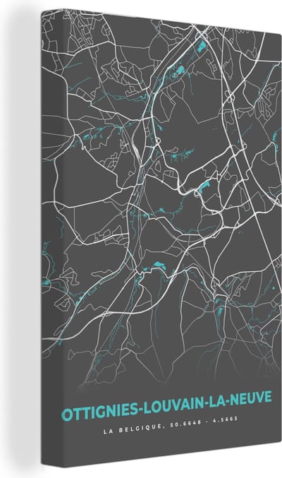 Canvas Schilderij België – Ottignies Louvain la Neuve – Stadskaart – Kaart – Blauw – Plattegrond - 20x30 cm - Wanddecoratie