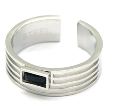 Ring met Lijnen - Zirkonia - RVS - One Size - Zilverkleurig en Zwart