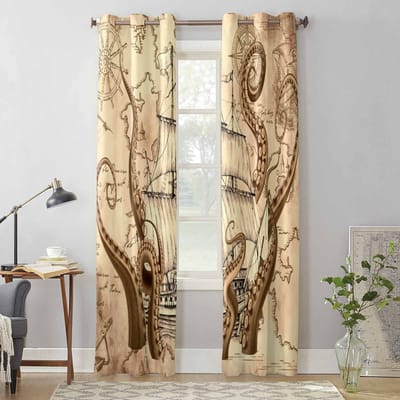 Nautische Octopus Retro Raamgordijnen voor Woonkamer Slaapkamer Gordijn Modern Keuken Jaloezieën Drapes Gordijnen 135W x 60H(cm) x1
