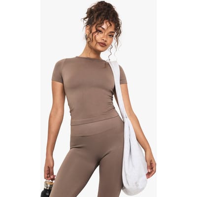 Dames Boohoo Basics Naadloze Rib Top met Korte Mouwen | Mokka | Maat: Large