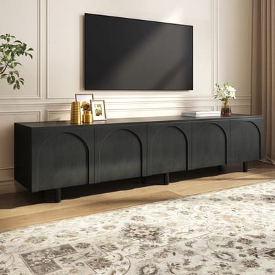 OKWISH Tv-Meubel – 5 Deuren – Kabeldoorvoer En Opbergruimte – Woonkamer – MDF Zwart – 180 x 38 x 45 cm