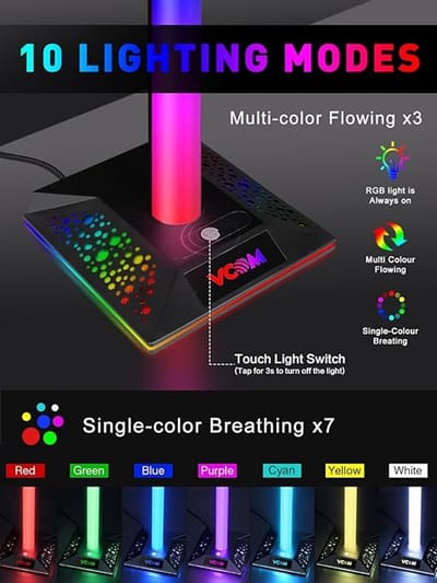 RGB Gaming Headset Standaard met USB & USB-C Hub – Controllerhouder voor 4 Controllers – Headphone Stand met 10 Lichtmodi – USB Hub voor PC, PS5 & Xbox