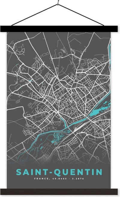 Posterhanger incl. Poster 40x60 cm - Schoolplaat - Plattegrond - Stadskaart - Kaart - Saint-Quentin - Frankrijk - Textielposter - Zwarte latten - Stadskaart