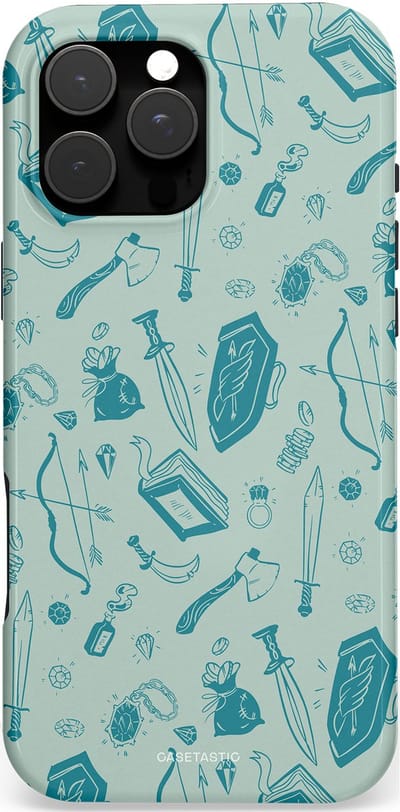 Casetastic hoesje geschikt voor Apple iPhone 16 Pro Max - MagSafe - Dubbellaagse bescherming - Avontuurlijke buit vol wapens - Fashion Case - Zilver Saliegroen Petrol