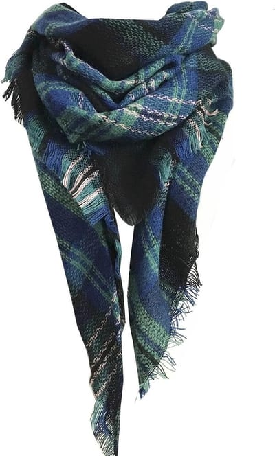 Stijlvolle gebreide sjaal in marineblauw en groen, wolmix, 135-175 cm, franjes, klassiek tartanpatroon, perfecte winteraccessoire
