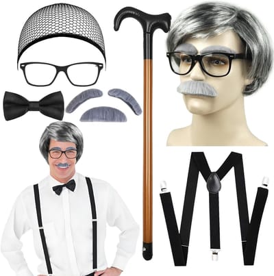 7-delig Grappig Opa Kostuum met Grijze Peruk, Bril, Zelfklevende Baard en Haarnetten voor Halloween en Carnavalsfeesten