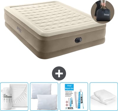 Intex Luchtbed - 2-Persoons - 152 x 203 x 46 cm - Beige - Inclusief pomp - Hoeslaken - Kussen - Kussenbeschermer en Reparatieset