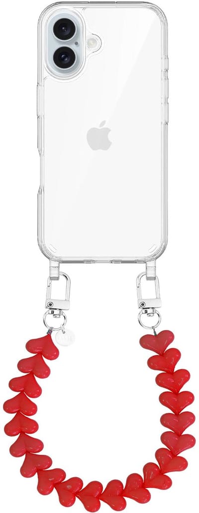 xoxo Wildhearts siliconen hoesje - Geschikt voor iPhone 17 hoesje - Funky Hearts - Telefoonhoesje - Hoesje met koord - Rood koord - kort telefoonkoord - Hartjes ketting - Transparant hoesje