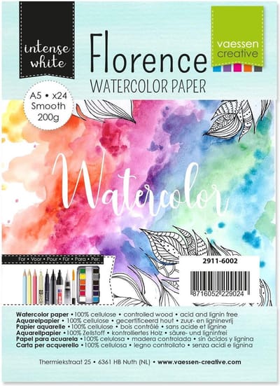 Aquarelpapier - Intense White - A5 - 200 grams - Gladde Structuur - Smooth - Florence - 24 vellen