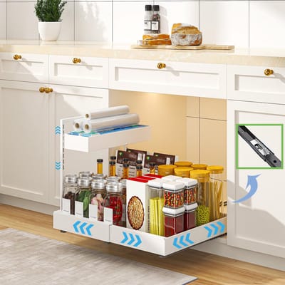 Opbergruimte Onder de Gootsteen, 2-Laags Uitschuifbaar Keukenrek, Kruidenrek, Multifunctionele Organisatie voor Keuken, Badkamer, Kast, Kastje (Wit)